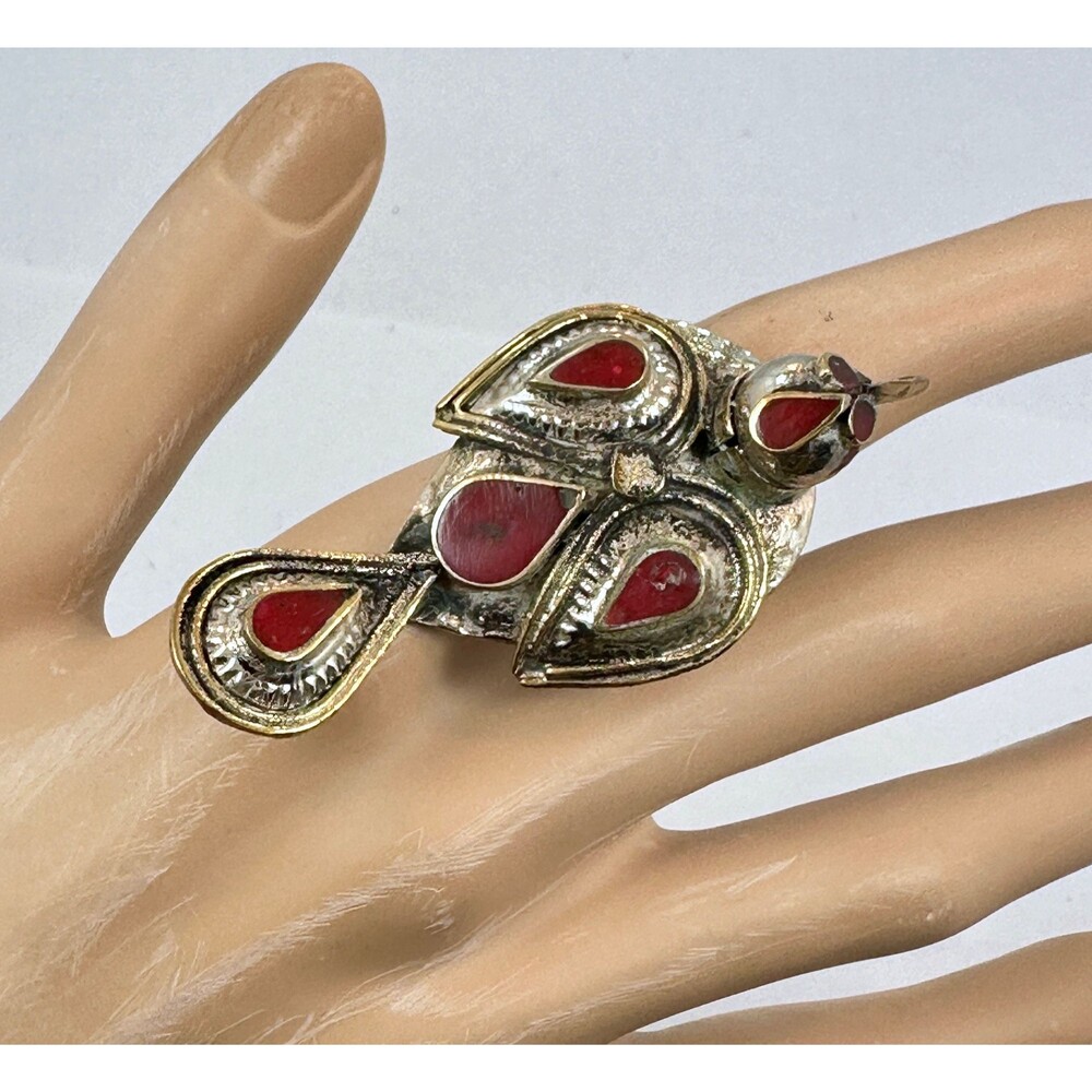 Bird Ring, Vintage, Ethnic, Middle Eastern, Adjustable, Red Enameled, Afghan